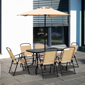 8 Pieces Dining Set Furniture Garden Foldable 6 Chairs 1 Table with Parasol Beige