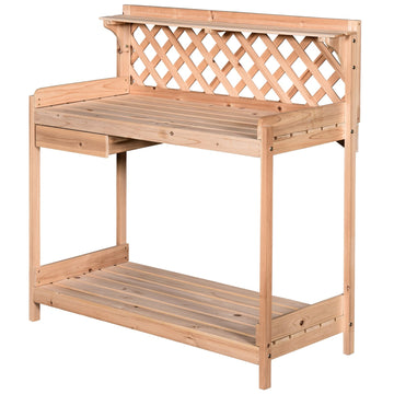 Wooden Garden Potting Table with Drawer Flower Plant Work Bench Workstation Tool Storage Shelves Outdoor Grid