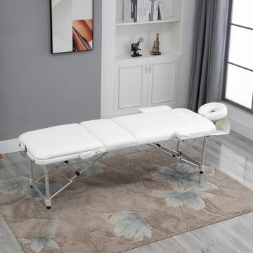 Foldable Massage Bed Portable Table, 3-Section Aluminium Foldable Beauty Couch, Professional Salon Spa Table with Headrest Support and Carry Bag, 60 cm Width, White
