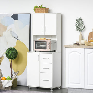 Modern Kitchen Cupboard with Storage Cabinets, 3 Drawers and Open Countertop for Living Room, White
