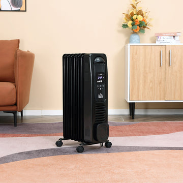1500W Digital Oil Filled Radiator, 7 Fin, Portable Electric Heater with LED Display, Built-in Timer, 3 Heat Settings, Safety Cut-Off and Remote Control, Black
