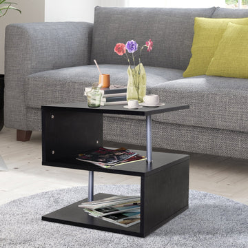 Wooden S Shape Cube Coffee Table 2 Tier Storage Shelves Organizer Office Bookcase Living Room End Desk Stand Display (Black)