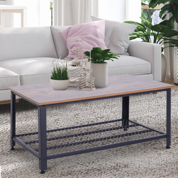 Coffee Table Industrial Side Table Living Room Table with Storage Shelf and Metal Frame for Home Office, 106L x 60W x 45Hcm