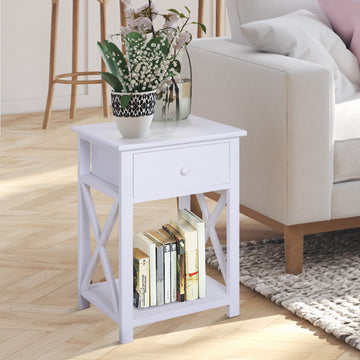 End Table, Sofa Side Table with Drawer X Bar Bottom Storage Shelf, Nightstand Bedside Table for Bedroom or Living Room White