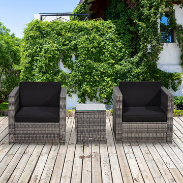 3 Pieces Rattan Bistro Set, Wicker Garden Furniture Set with Glass Top Coffee Table and Chairs, Thickened Washable Cushions for Outdoor, Patio, Balcony, Grey