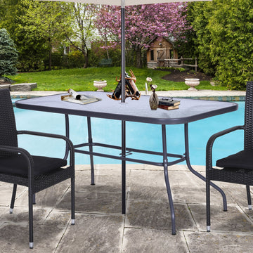 Garden Dining Table Glass Top Metal Frame with Parasol Hole Outdoor Balcony Grey 120L x 80Wcm