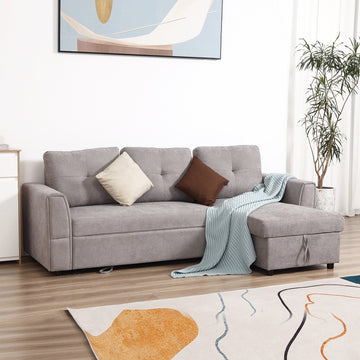 Linen-Look 'L' Storage Sofa Bed - Light Grey