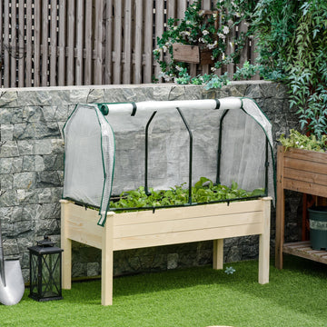 Raised Garden Bed Outdoor Elevated Wood Planter Box w/ PE Cover, Natural