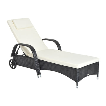 Rattan Sun Lounger, Garden Lounger Recliner with Wheels and Adjustable Backrest, Outdoor Reclining Sunbed Garden Chair with Cushion and Headrest for Patio, Beach, Terrace, Black