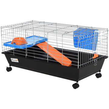 Small Animal Cage Rabbit Guinea Pigs Chinchillas Cage w/ Wheels Water Bottle Food Dish Platform Ramp 89 x 44 x 43 cm Black