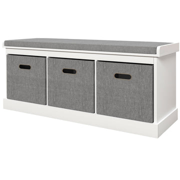 Three-Drawer Shoe Storage Bench, with Padded Top Seat - White