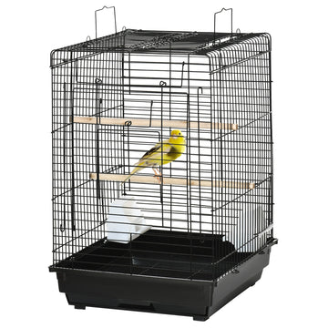 Steel Bird Cage with Openable Top, Stand, Tray, Handles, Feeding Bowls for Parakeet, Finch - Black