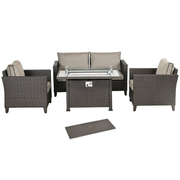 5-Piece Rattan Patio Furniture Set with Gas Fire Pit Table, Loveseat Sofa, Armchairs, Cushions, Pillows, Dark Brown