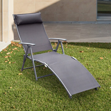 Sun Lounger Steel Frame Outdoor Folding Chaise Texteline Lounge Chair Recliner with Headrest & 7 Levels Adjustable Backrest, Grey