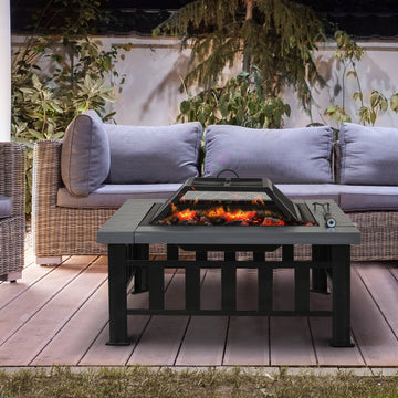 Metal Large Firepit Outdoor Square Fire Pit Brazier w/ Rain Cover, Lid, Log Grate, Poker for Backyard, Camping, BBQ, Bonfire, Wood Burning Stove, 86 x 86 x 54cm, Black