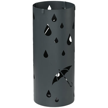 Freestanding Umbrella Stand for Hallway, Round Umbrella Basket with 4 Hooks and Drip Tray for Entryway, Dark Grey