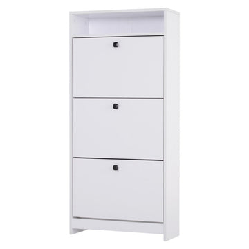 Narrow Shoe Cabinet with 3 Flip Doors, 14-18 Pairs Shoe Cupboard with Open Shelf for Slim Hallway and Entryway, 24 x 60 x 132 cm, White