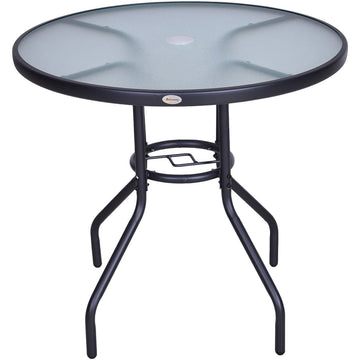 Outdoor φ80cm Round Dining Table Tempered Glass Top Steel Frame Bistro Coffee End Side Table Garden w/ Parasol Hole
