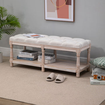 2-Tier Bed End Bench, Vintage Stool, Wooden Window Seat with Storage Shelf, Button Tufted Upholstered Footstool for Living Room, Bedroom, Entryway, Cream White