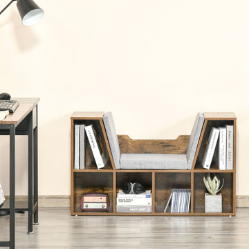 Bookcase Storage Shelf with Cushioned Reading Seat, Cube Bookshelf Organizer for Bedroom Living Room, Rustic Brown