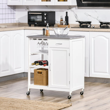 Compact Kitchen Trolley Utility Cart on Wheels with Wine Rack, Drawer, Open Shelf and Storage Cabinet for Dining Room, White