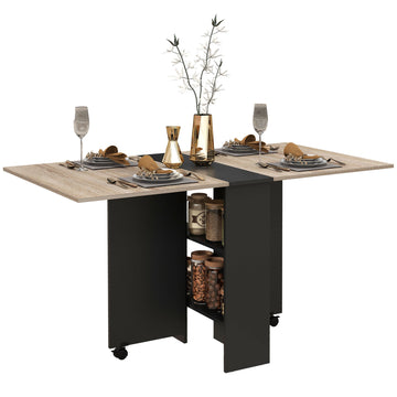Folding Dining Table, Drop Leaf Table with 2-Tier Shelves, Rolling Casters, for Small Spaces, Kitchen, Oak and Black