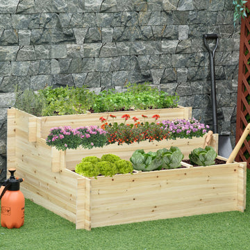 117cm x 100cm x 54cm 3 Tier Raised Garden Bed 376L Fir Wood Elevated Planter Flower Box with 9 Grow Grids and Non-woven Fabric for Vegetables, Flower, Herb Outdoor Indoor Use