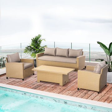 4 PCS Outdoor PE Rattan Sofa Set, Patio Twin Wicker Aluminium Frame Conversation Furniture w/ Adjustable Wood Grain Plastic Table-top Table & Thick Cushion for Garden, Backyard, Lawn, Khaki
