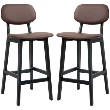 Bar Stools Set of 2, Contemporary Breakfast Bar Chairs, Faux Leather Upholstered Kitchen Stools with Backs and Solid Wood Legs, Brown