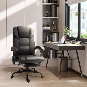 6-Point Massage Office Chair, PU Leather Desk Chair with Adjustable Height and Footrest for Home Office, Black