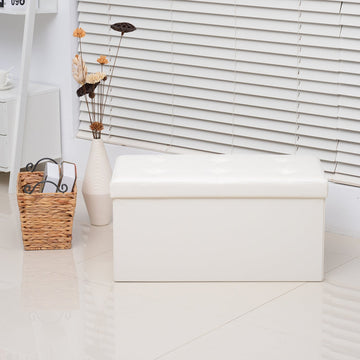 Folding Faux Leather Storage Cube Ottoman Bench Seat PU Rectangular Footrest Stool Box (Cream White)