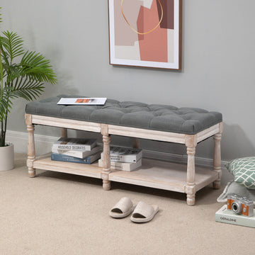 2-Tier Bed End Bench, Vintage Stool, Wooden Window Seat with Storage Shelf, Button Tufted Upholstered Footstool for Living Room, Bedroom, Entryway, Grey