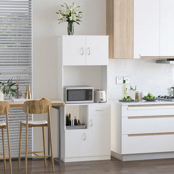 Tall Kitchen Cupboard, Kitchen Cabinet with Doors, Shelves, Drawer and Open Countertop, Storage Cabinet for Living Room, Dining Room, White