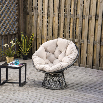360° Swivel Rattan Moon Bowl Chair Round Lounge Garden Wicker Basket Seat with Padded Cushion Oversized for Outdoor Indoor, Beige