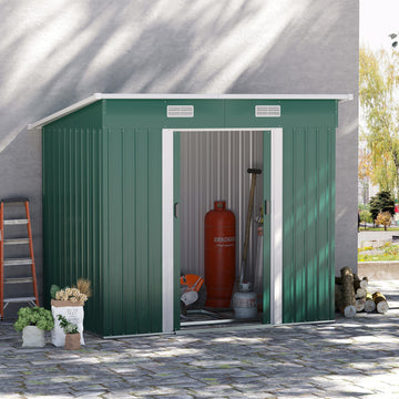 7 x 4ft Outdoor Storage Shed with Foundation Kit, Lean to Metal Garden Shed for Log, Rubbish Bin, Tool, Lawnmower, Bike, Patio and Lawn Use, Green