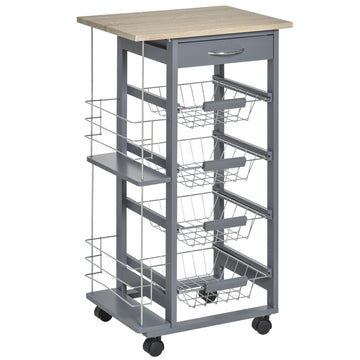 Rolling Kitchen Cart, Utility Storage Cart with 4 Basket Drawers & Side Racks, Wheels for Dining Room, Grey