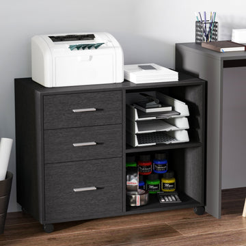 Freestanding Printer Stand Unit Office Desk Side Mobile Storage w/ Wheels 3 Drawers, 2 Open Shelves Modern Style 80L x 40W x 65H cm - Black