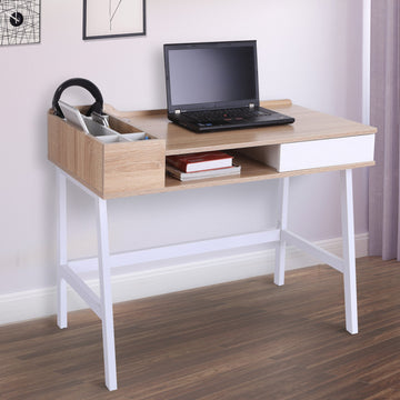 Computer Desk, Writing Desk, Study Workstation with Drawer, Storage Compartments, Cable Management, Laptop Table, Metal Frame, 100 x 55 x 81.5cm, Oak and White