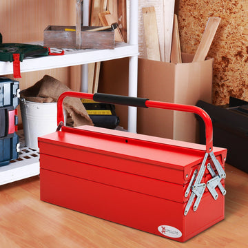 Metal Tool Box 3 Tier 5 Tray Professional Portable Storage Cabinet Workshop Cantilever Toolbox with Carry Handle, 56cmx20cmx34cm, Red