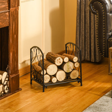 Metal Firewood Log Holder Indoor Outdoor Firewood Rack Fireplace Wood Storage Shelf w/ Elegant Scrolls, Rust-Resistant, Black, 39.5L x 31.5W x 39.5H cm