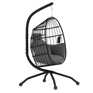 Hanging Egg Chair Outdoor Indoor Garden Swing Chair with Folding Basket and Thickened Cushion, Garden Hanging Chair with Stand, Headrest, Cup Holder for Patio, Balcony, Dark Grey