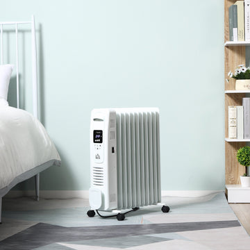 2500W Digital Display Oil Filled Radiator, 11 Fin Portable Electric Heater with Timer, Adjustable Thermostat, Three Heat Settings, Safety Cut Off, Remote, White
