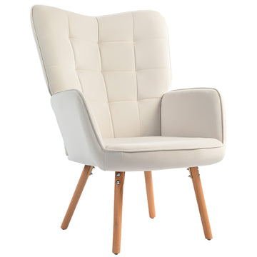 Modern Accent Chair, Upholstered Tufted Wingback Armchair with Seat Padding, Velvet Leisure Lounge Bedroom Chair with Wood Legs, Cream White