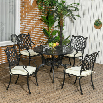 Cast Aluminium 4 Seater Outdoor Dining Set with Cushions Parasol Hole Black