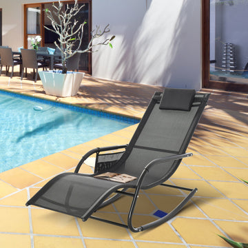Outdoor Garden Rocking Chair, Patio Sun Lounger Rocker Chair with Breathable Mesh Fabric, Removable Headrest Pillow, Armrest, Side Storage Bag, Black