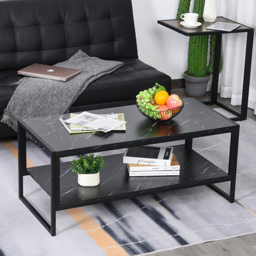 Coffee Table, Two-Tier Marble Centre Table with Metal Frame and Storage Shelf for Living Room, 106 x 50 x 45cm, Black