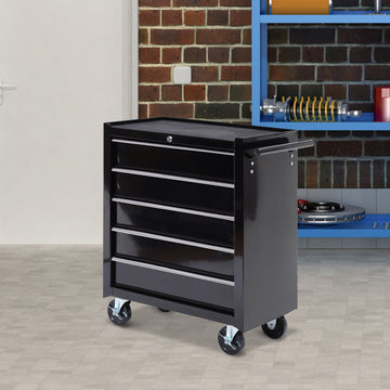 5-Drawer Tool Chest with Wheels, Steel Lockable Tool Storage Cabinet with Handle, 2 Keys for Garage, Workshop, Black