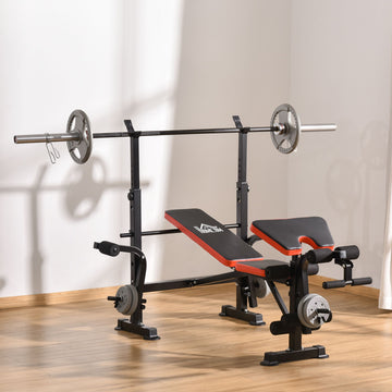 Adjustable Weight Bench with Leg Developer Barbell Rack for Weight Lifting and Strength Training Multifunctional Workout Station for Home Gym Fitness, Red