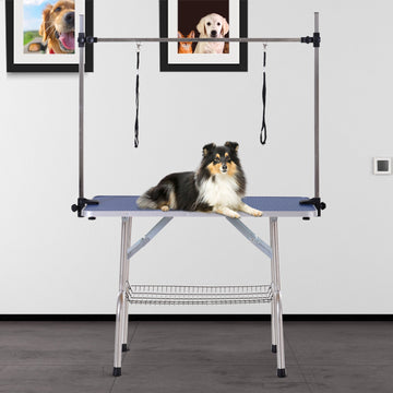 42" Dog Grooming Table, Adjustable Pet Cat Drying Beauty Table with 2 Loops Storage Basket, Rubber Top, Blue