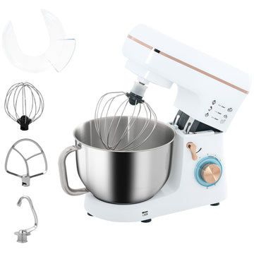 Stand Mixer, 5L Food Mixer for Baking, 6 Speeds and Pulse Setting, 1400W Cake Electric Kitchen Mixer with Dough Hook, Whisk, Stainless Steel Bowl, Splash Guard, Beater, White